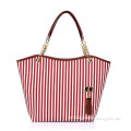 stripe canvas handbags, promotional canvas beach bag,canvas tote bag with pu leather handle